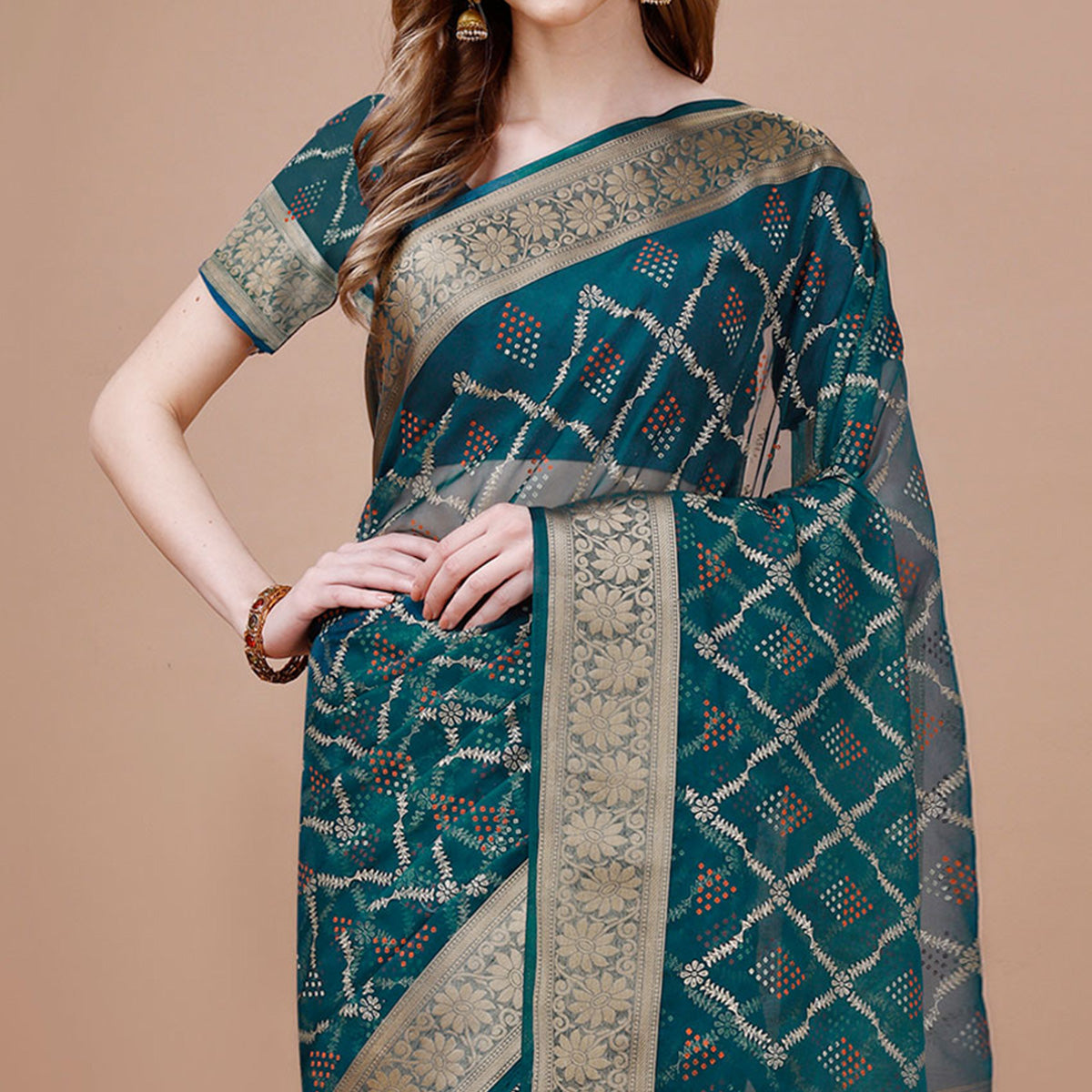 Teal Bandhani Printed Organza Saree With Woven Border