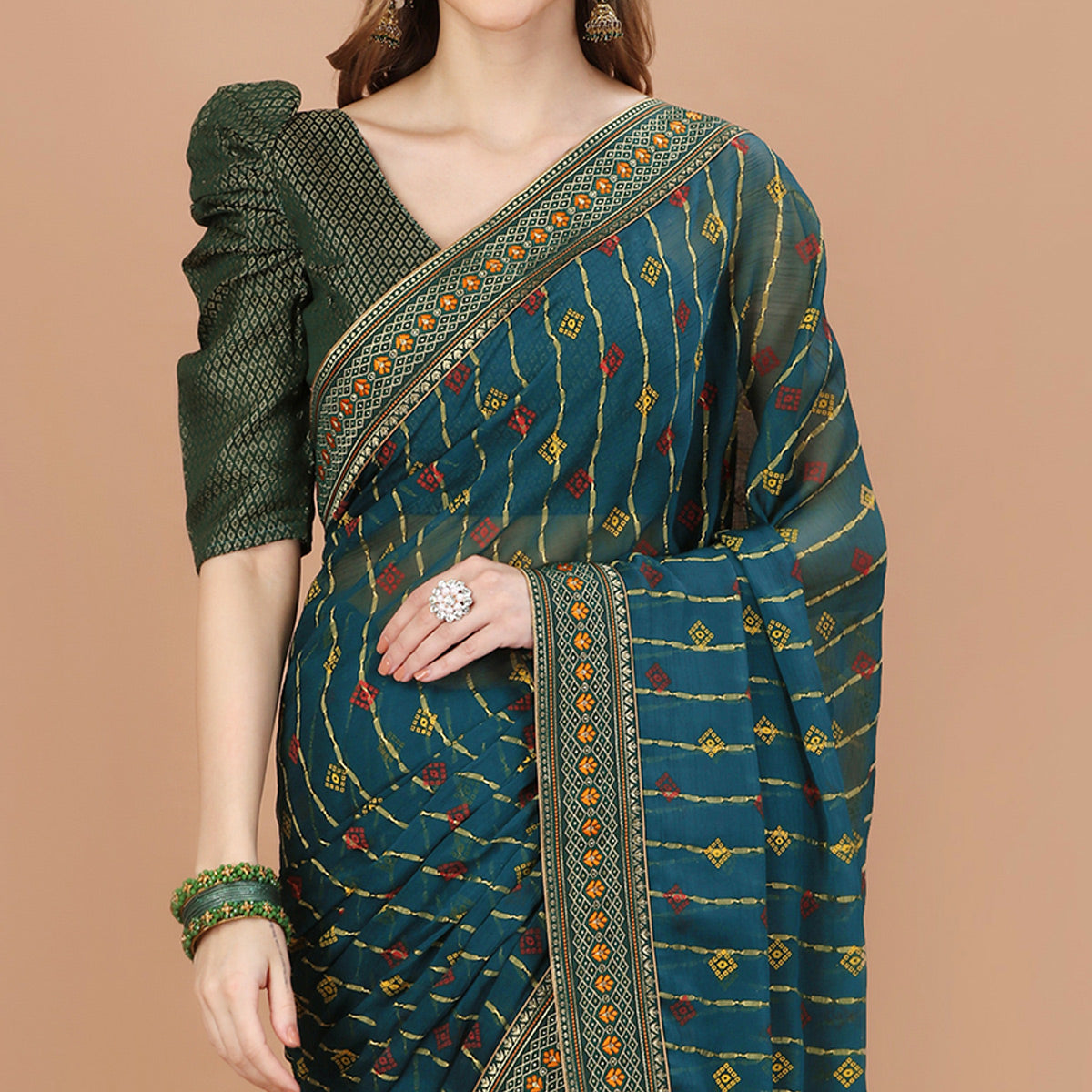 Blue Foil Printed Chiffon Saree With Lace Border
