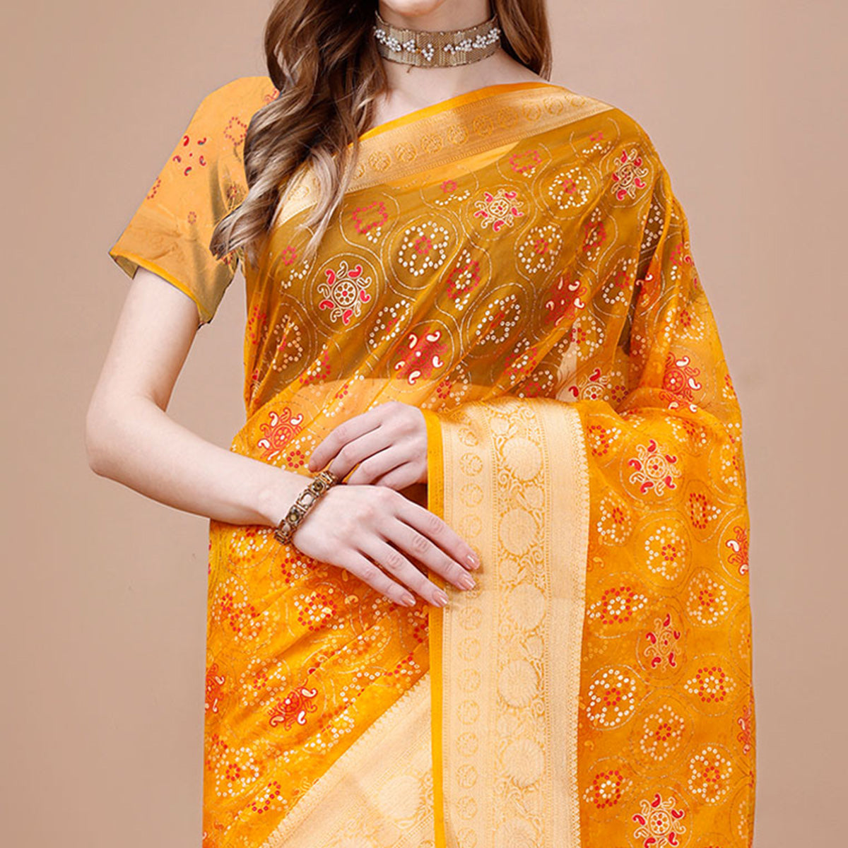 Yellow Bandhani Printed Organza Saree With Woven Border