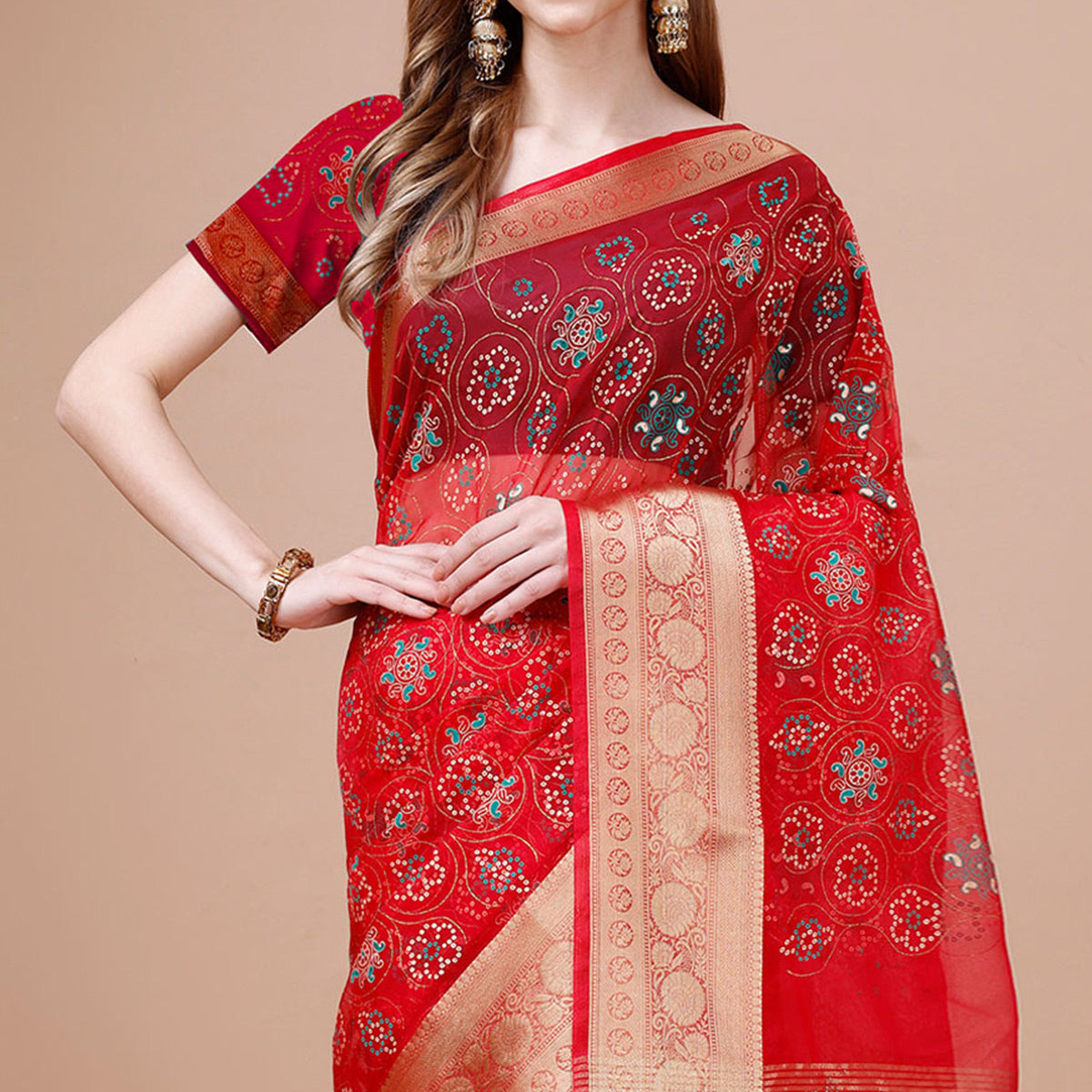 Red Bandhani Printed Organza Saree With Woven Border