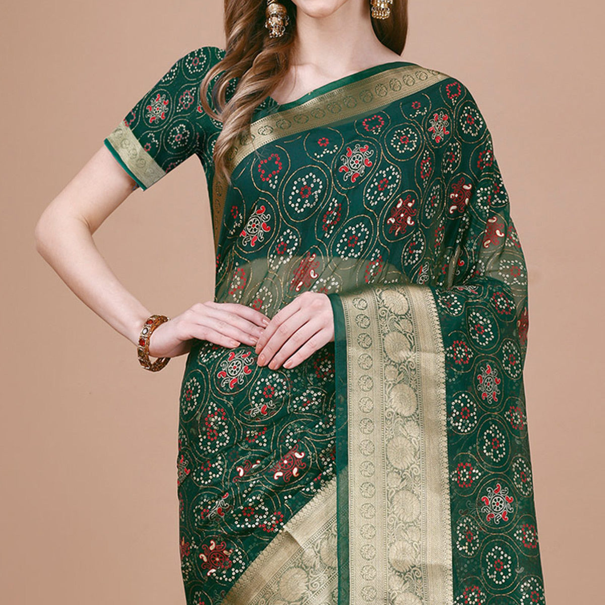 Green Bandhani Printed Organza Saree With Woven Border