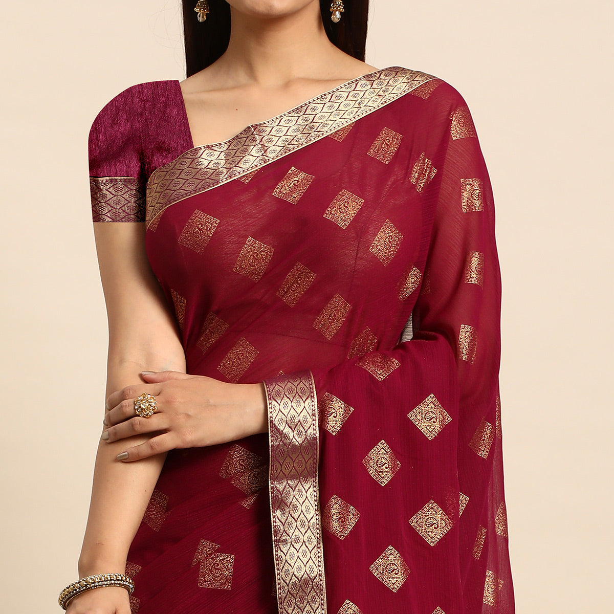 Wine Foil Printed Chiffon Saree With Tassels