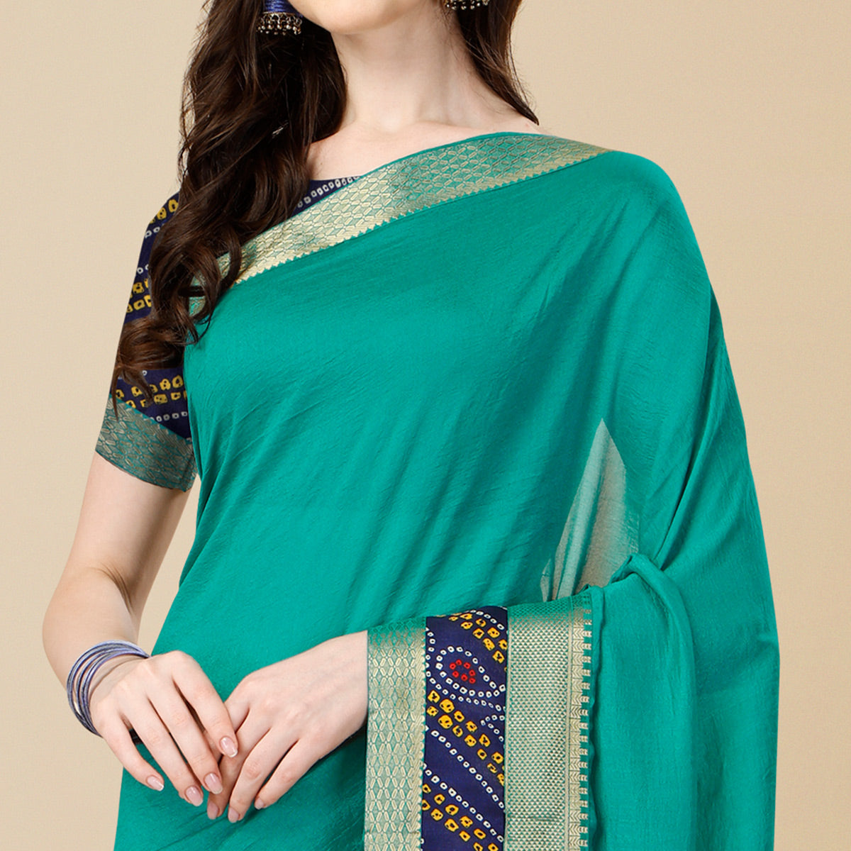 Turquoise Solid Vichitra Silk Saree