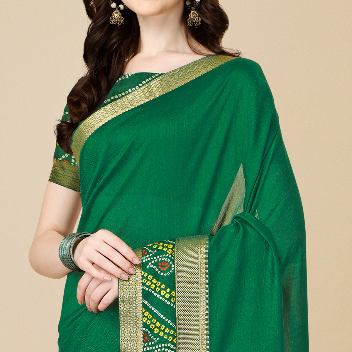 Green Solid Vichitra Silk Saree