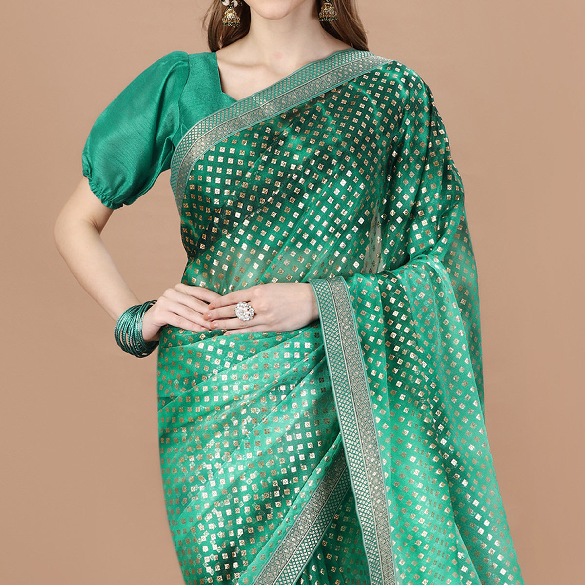 Green Foil Printed Lycra Saree With Lace Border