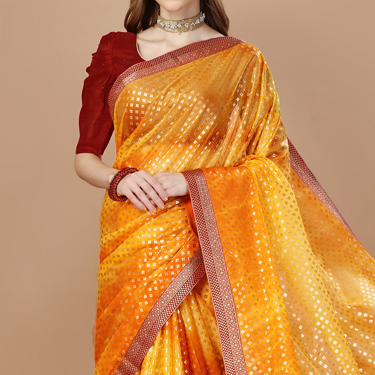 Yellow Foil Printed Lycra Saree With Lace Border