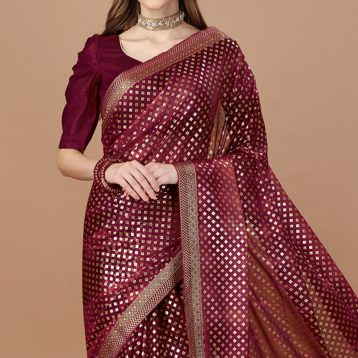 Maroon Foil Printed Lycra Saree With Lace Border