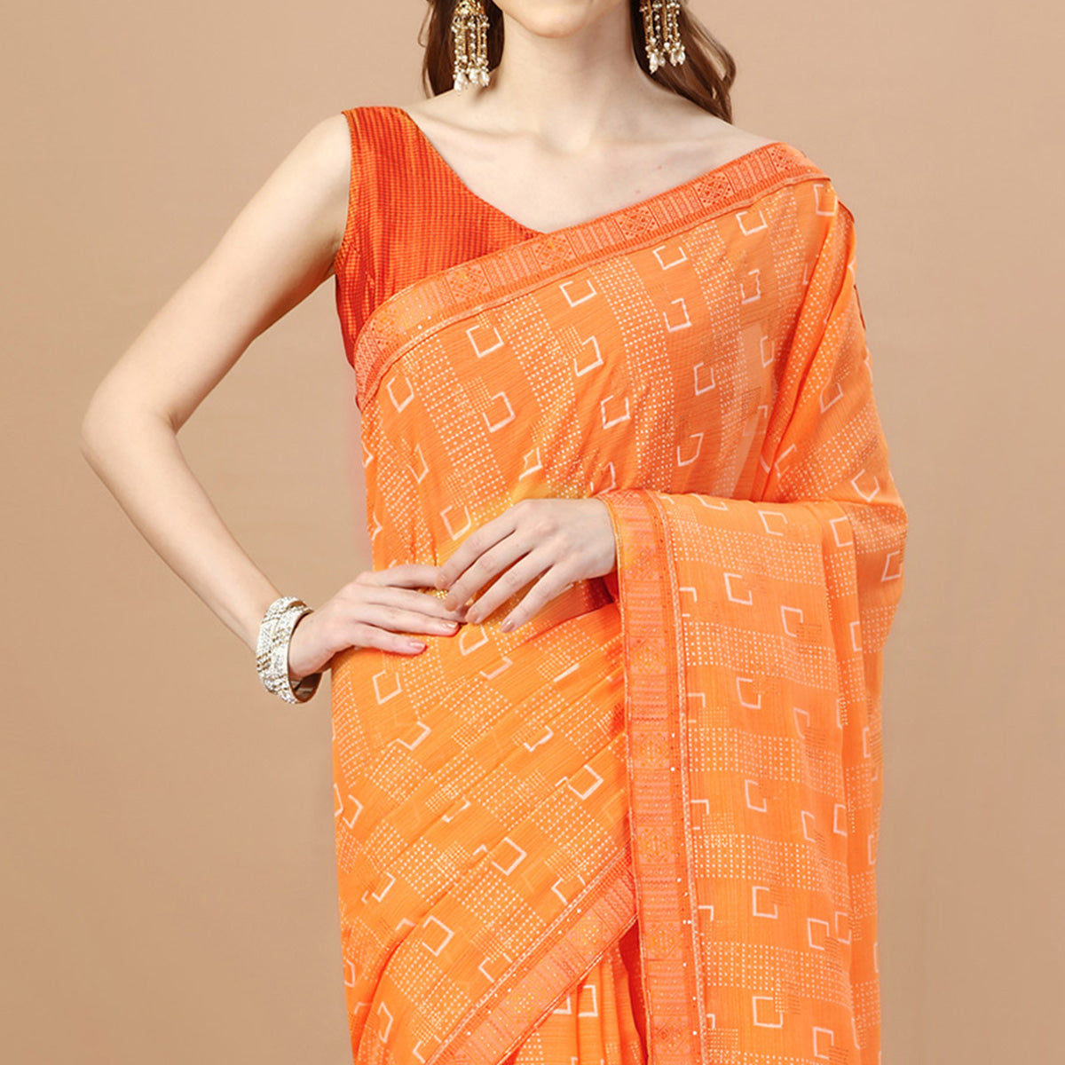 Orange Foil Printed Chiffon Saree With Lace Border