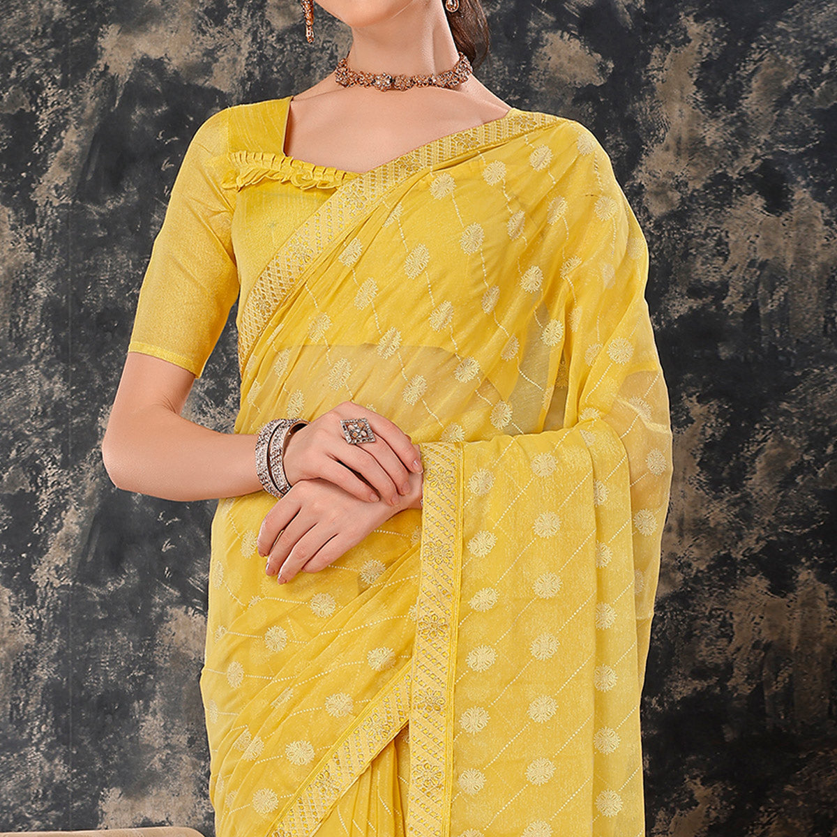 Yellow Printed Chiffon Saree With Lace Border