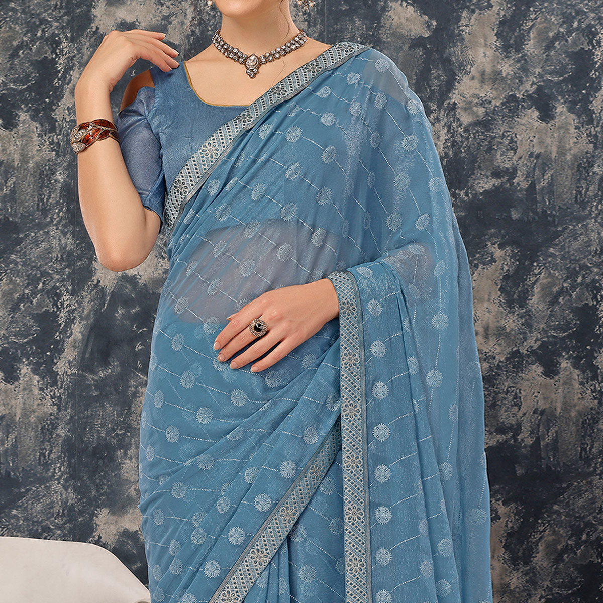 Greyish Blue Printed Chiffon Saree With Lace Border