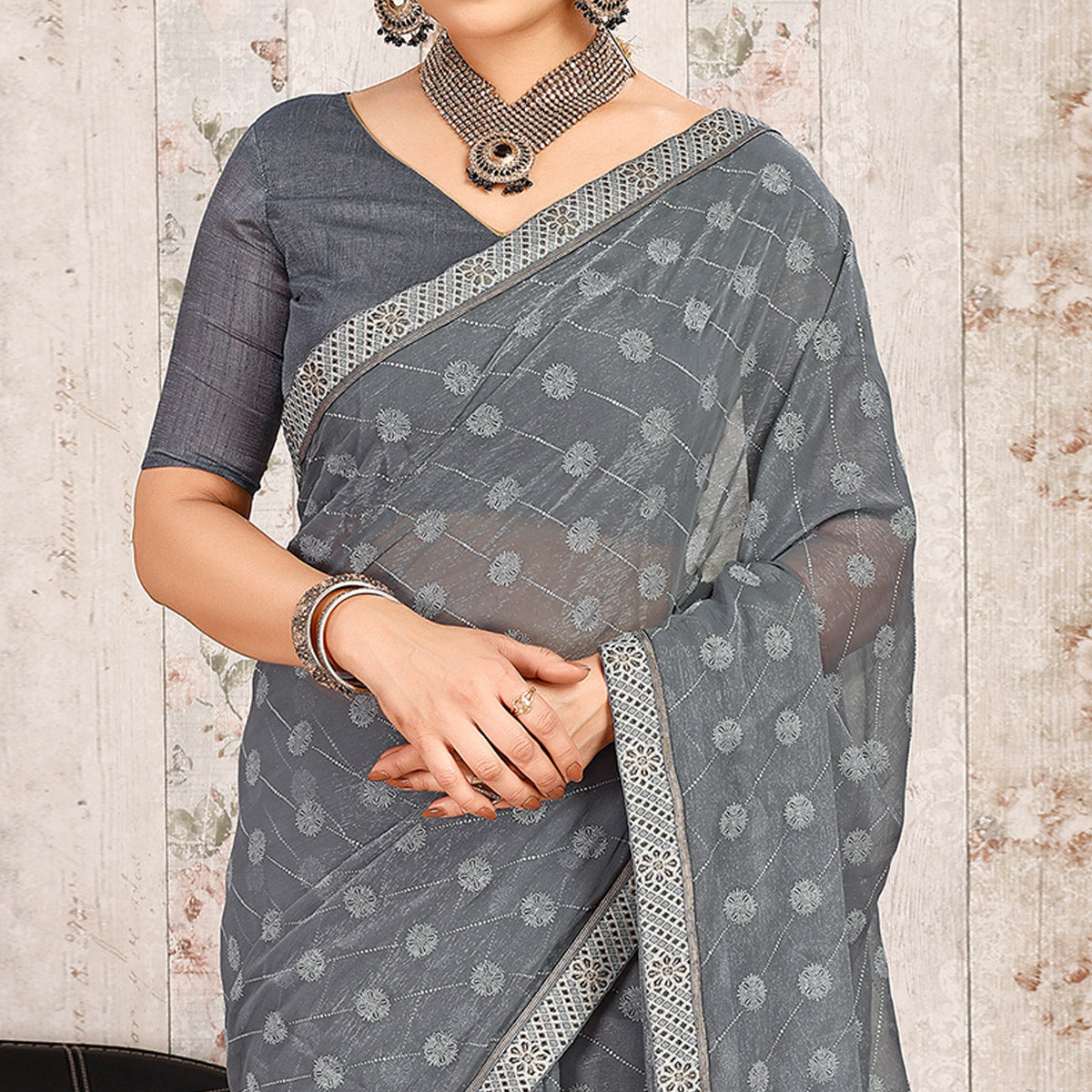 Grey Printed Chiffon Saree With Lace Border