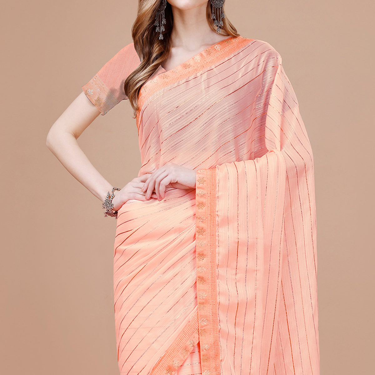 Peach Zari Work Chiffon Saree