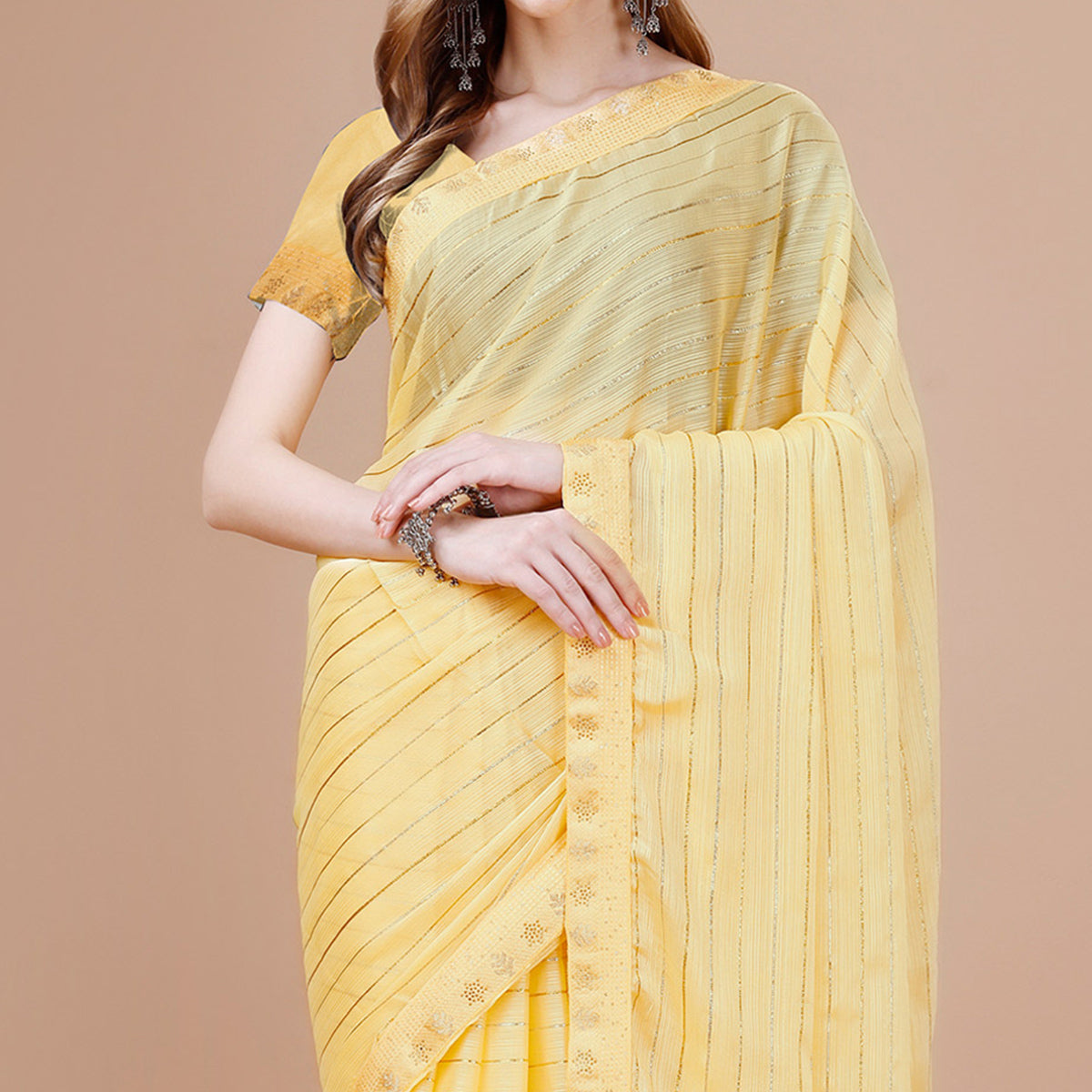 Yellow Zari Work Chiffon Saree