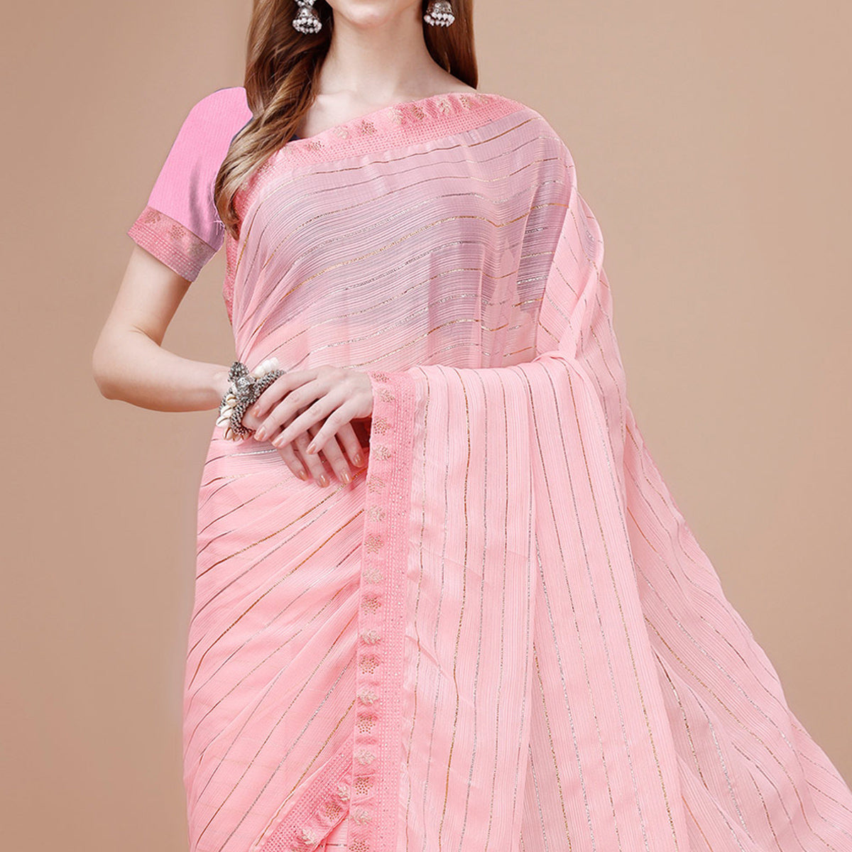 Baby Pink Zari Work Chiffon Saree