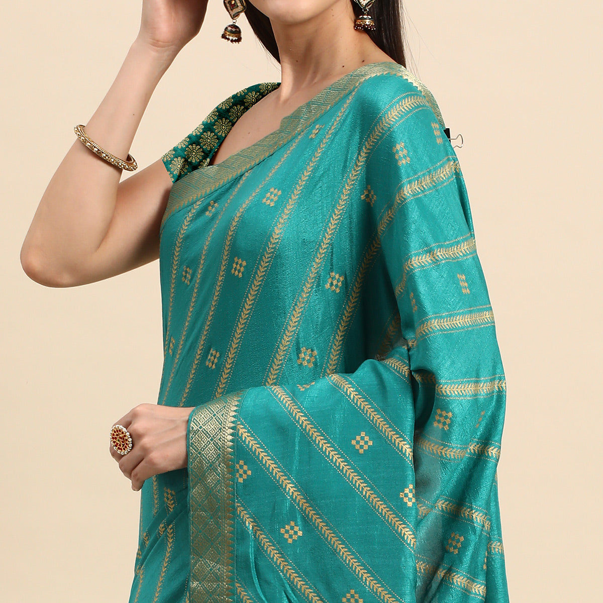 Rama Blue Floral Foil Printed Vichitra Silk Saree