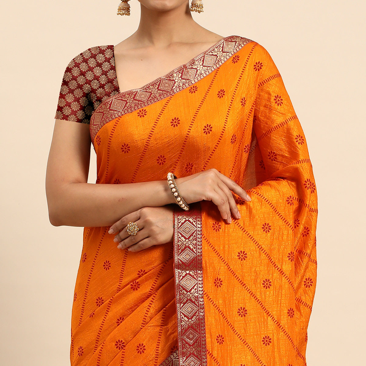 Mustard Floral Foil Printed Vichitra Silk Saree