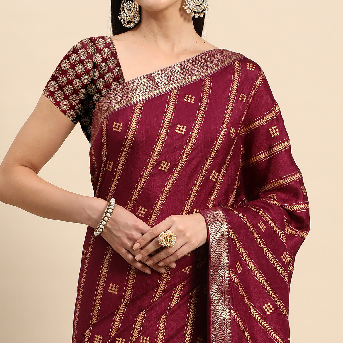 Wine Floral Foil Printed Vichitra Silk Saree