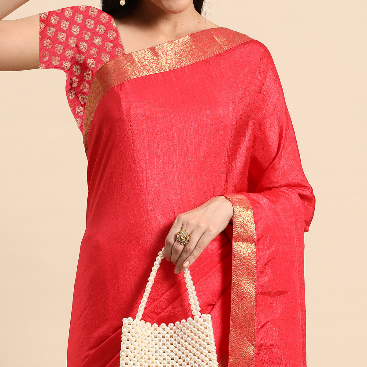 Pink Solid Vichitra Silk Saree With Fancy Zari Border
