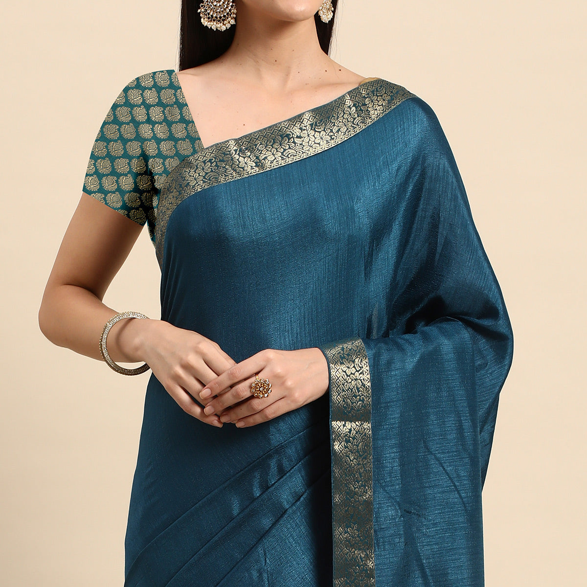 Blue Solid Vichitra Silk Saree With Fancy Zari Border