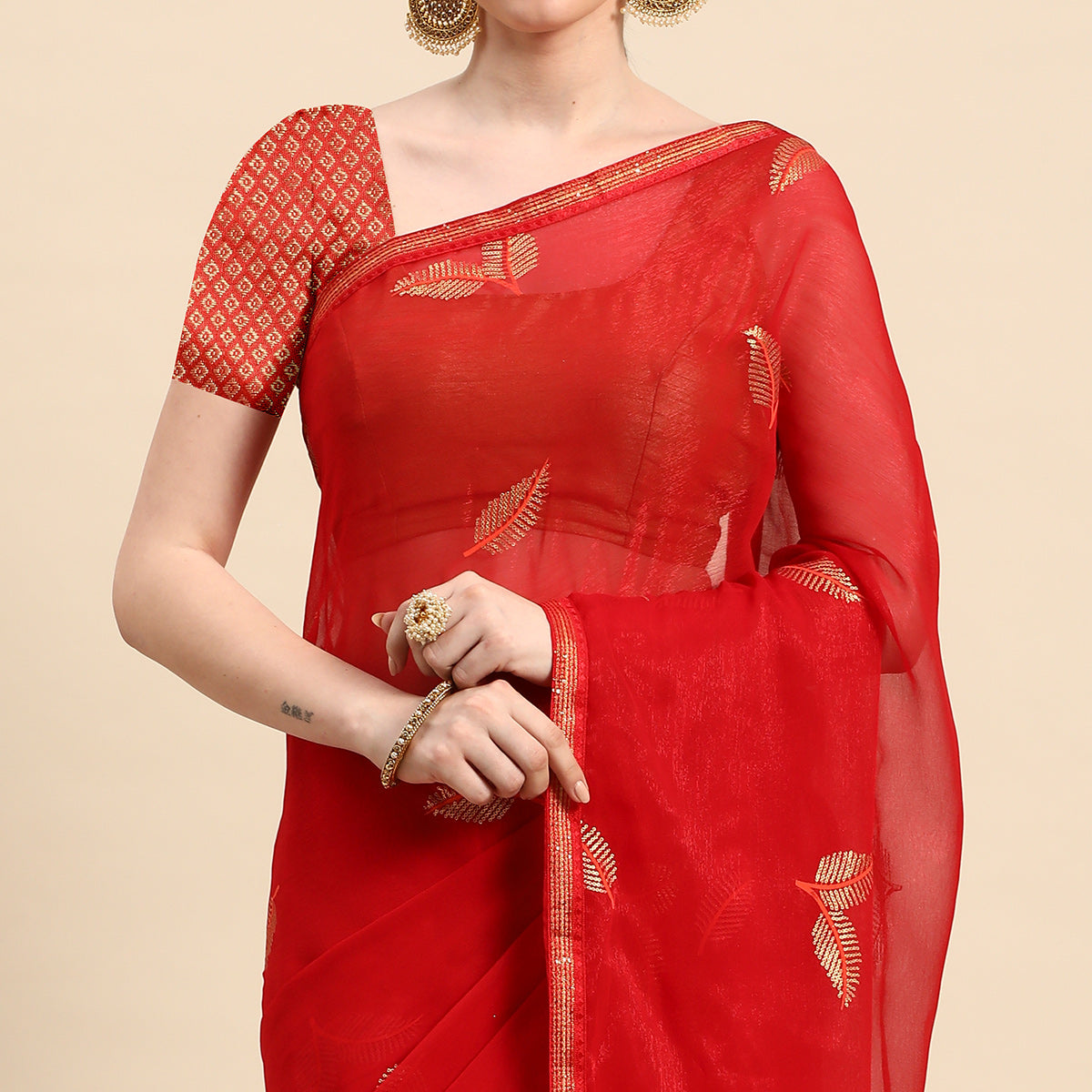 Red Sequins Embroidered Chiffon Saree With Tassels