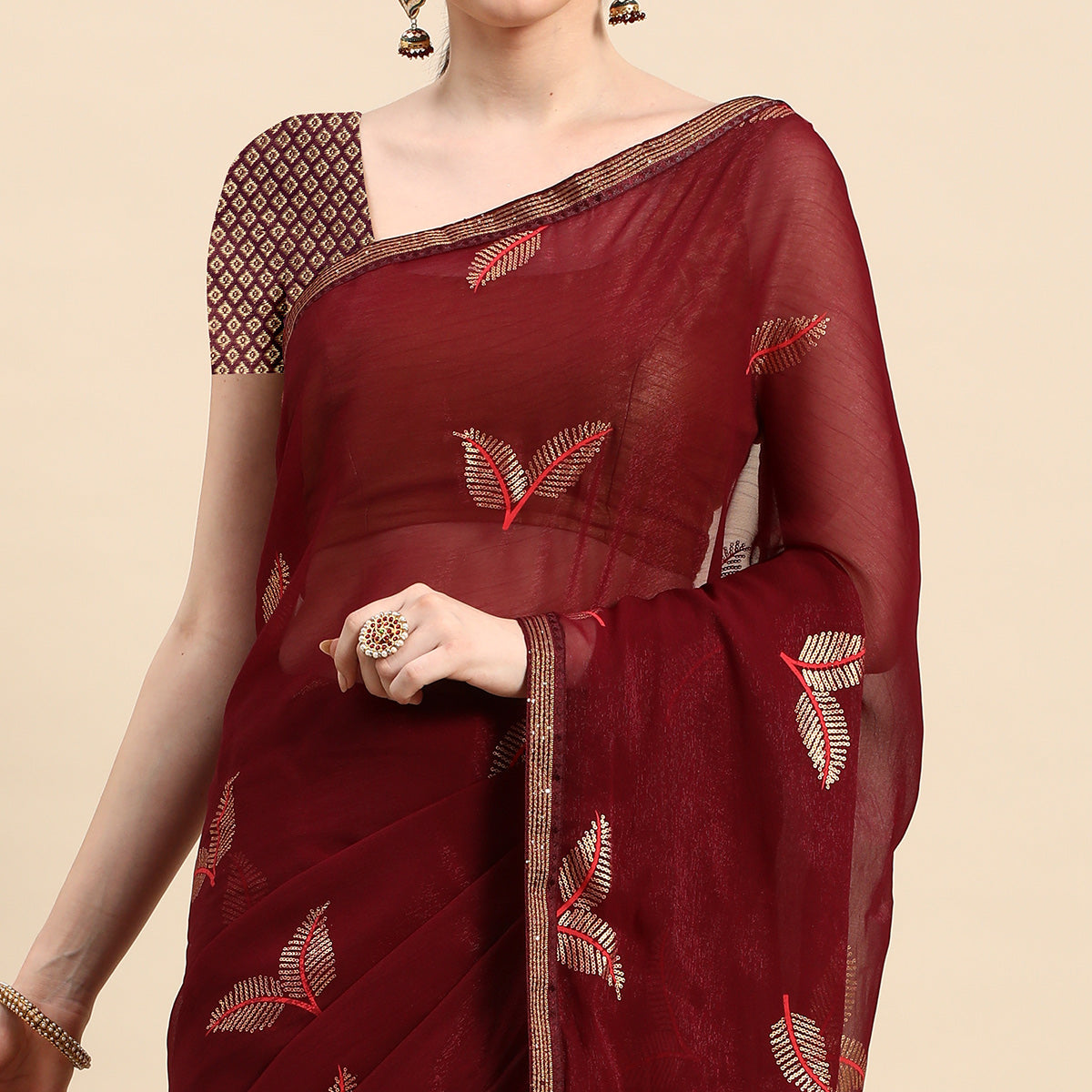 Wine Sequins Embroidered Chiffon Saree With Tassels