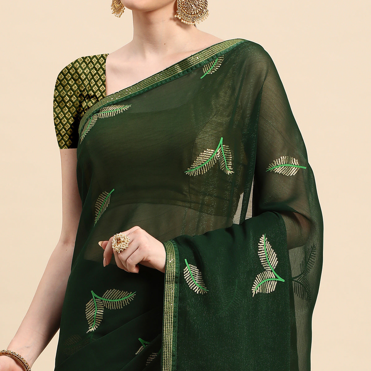 Green Sequins Embroidered Chiffon Saree With Tassels