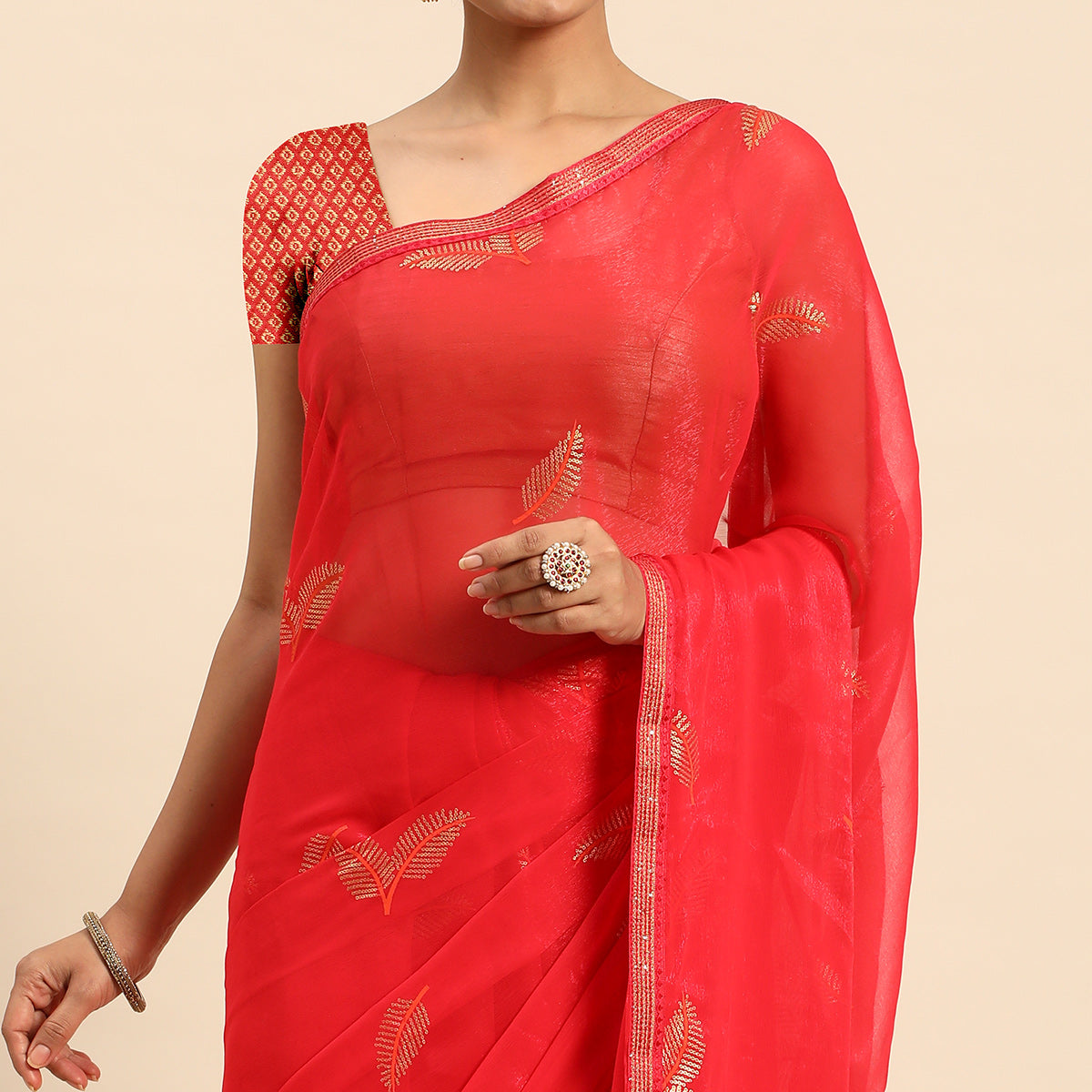 Gajri Pink Sequins Embroidered Chiffon Saree With Tassels