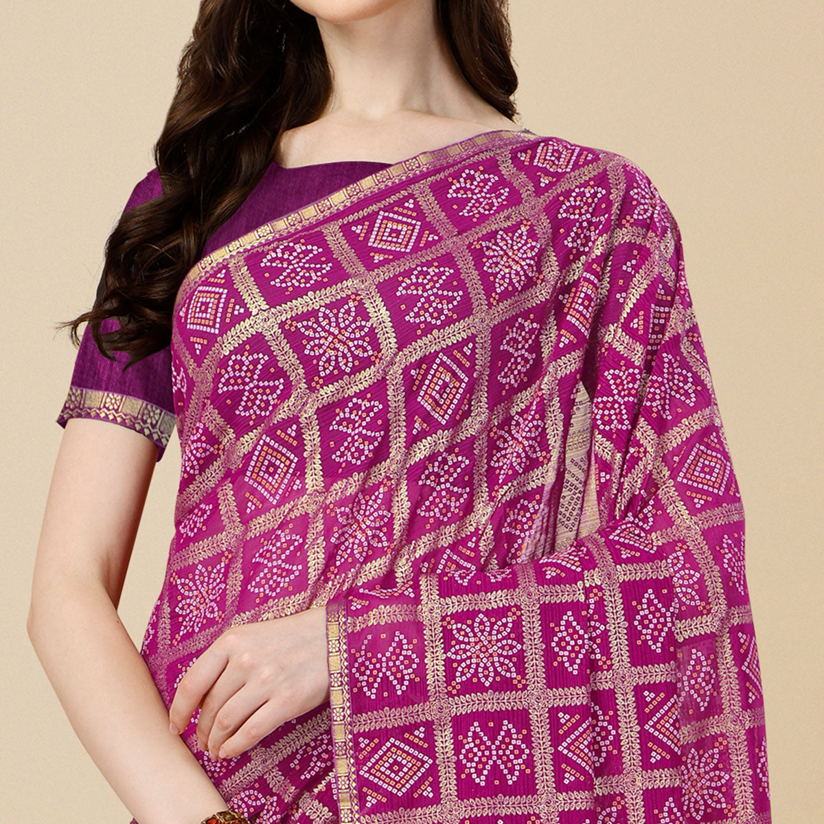 Purple Bandhani Foil Printed Zomato Saree With Tassels
