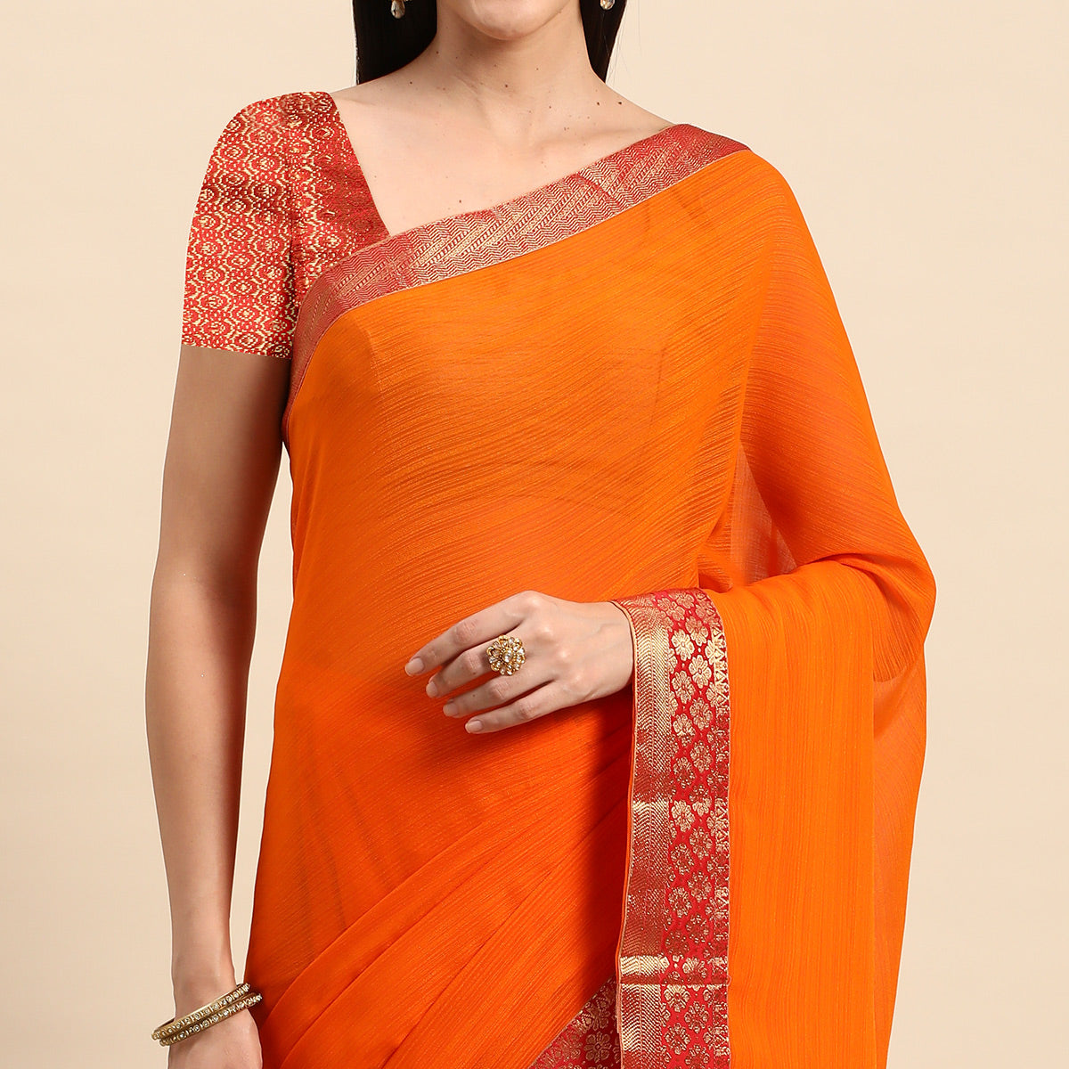 Mustard Swarovski Work Chiffon Saree With Zari Border