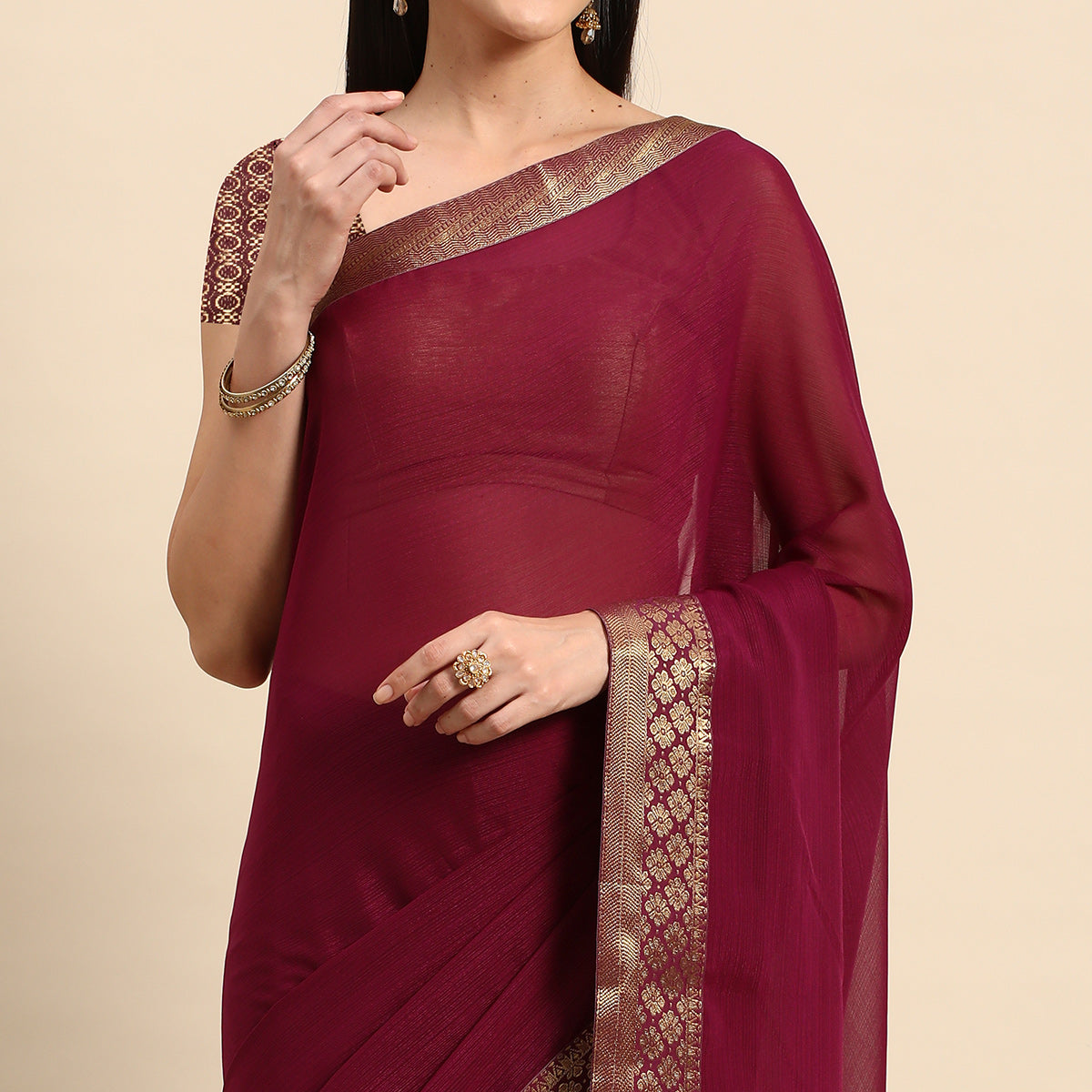 Wine Swarovski Work Chiffon Saree With Zari Border