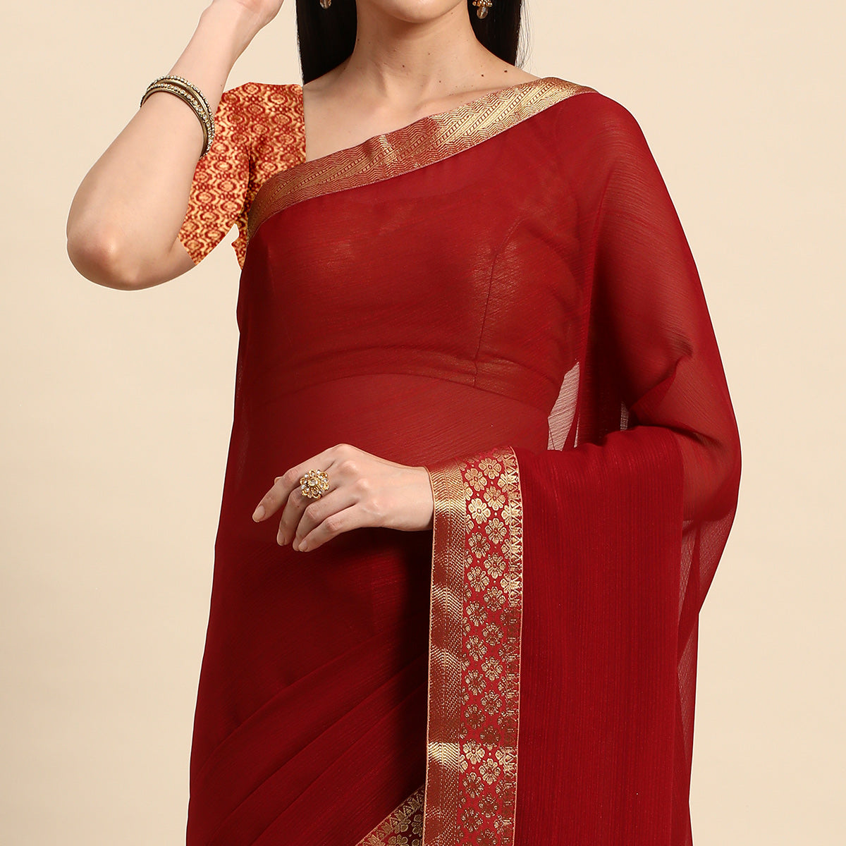 Maroon Swarovski Work Chiffon Saree With Zari Border