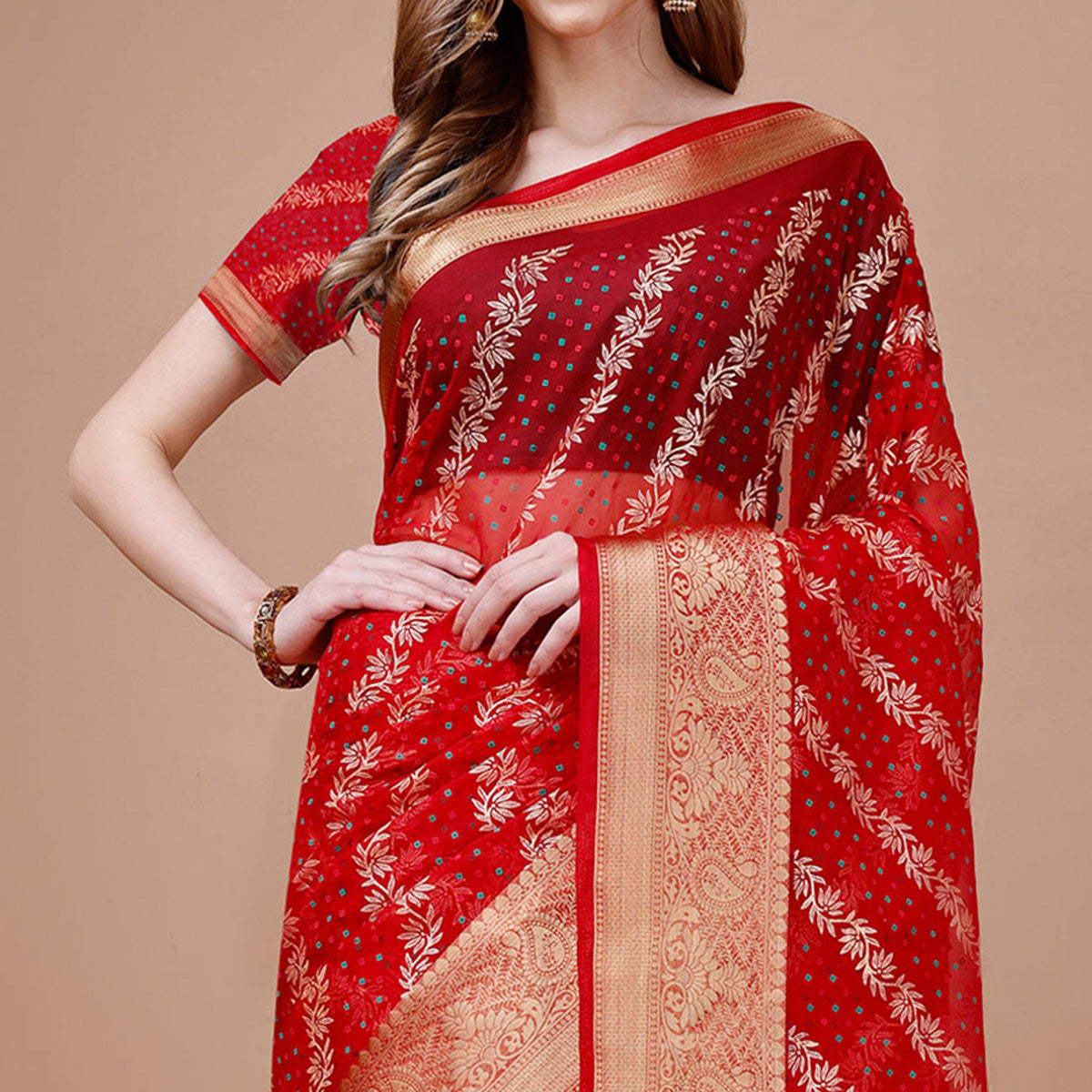 Red Foil Printed Organza Saree With Woven Border