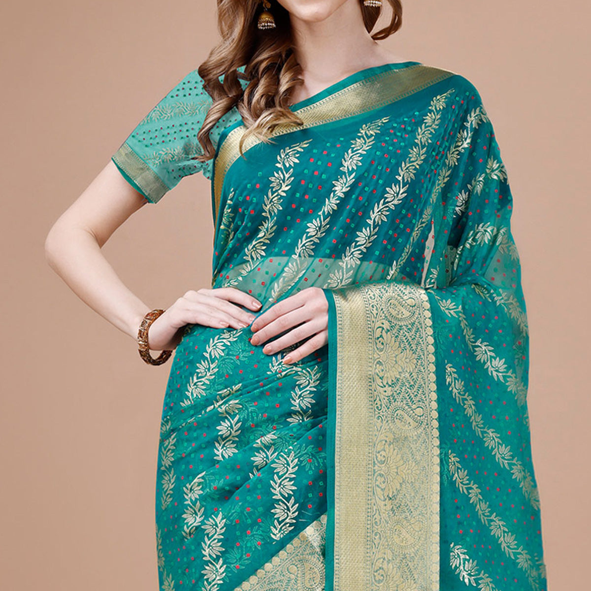 Rama Blue Foil Printed Organza Saree With Woven Border