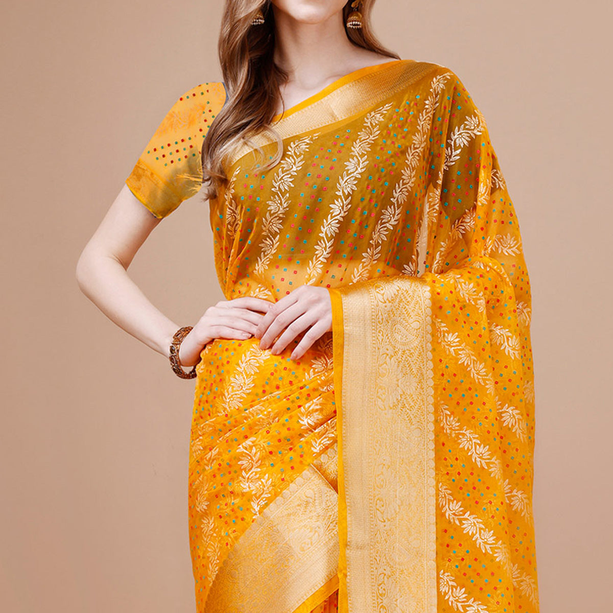 Yellow Foil Printed Organza Saree With Woven Border