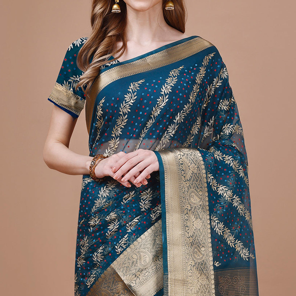 Blue Foil Printed Organza Saree With Woven Border