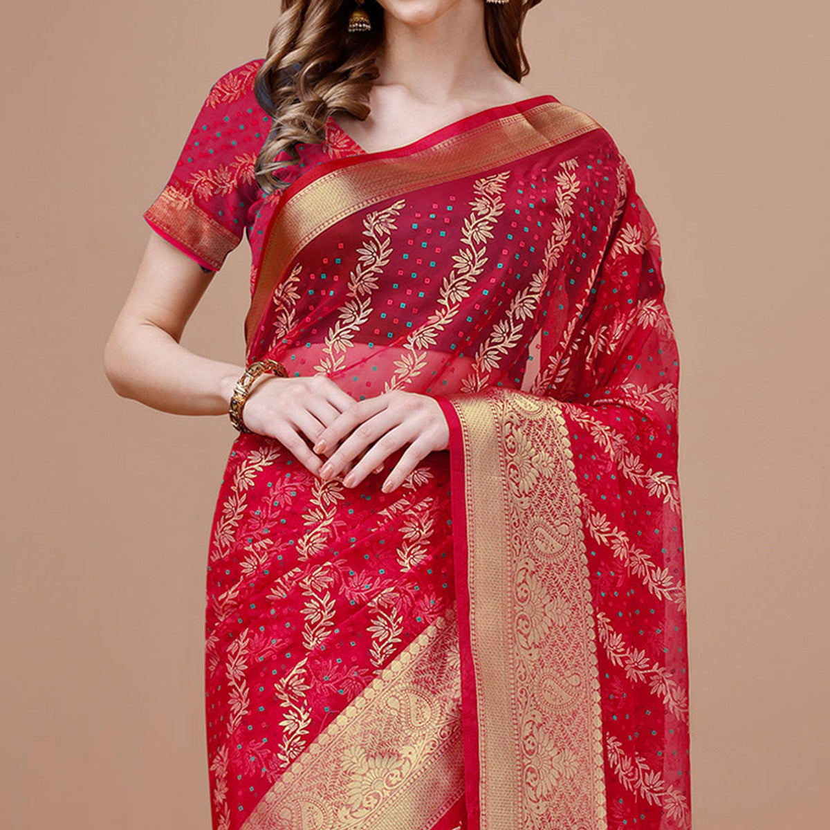 Pink Foil Printed Organza Saree With Woven Border