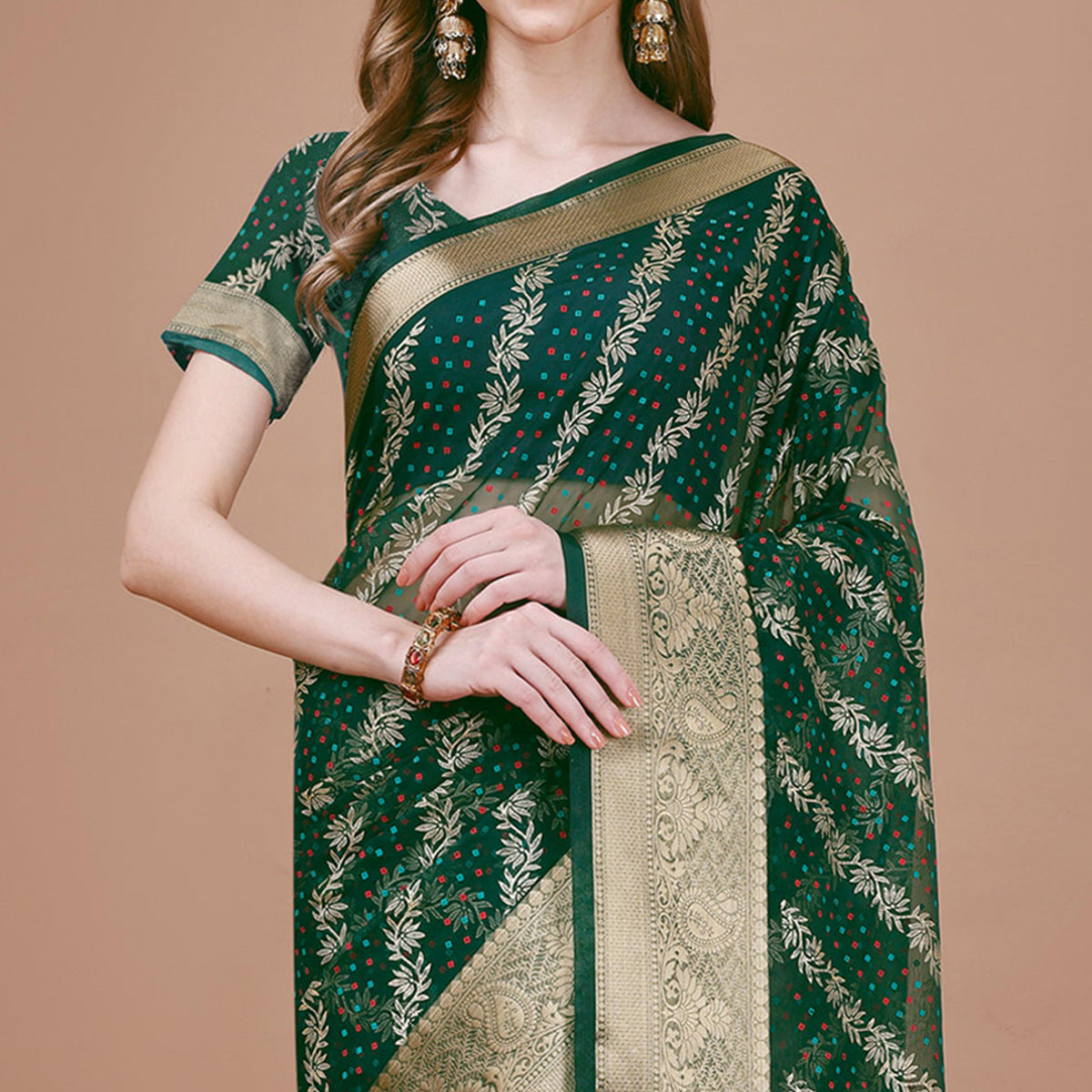 Green Foil Printed Organza Saree With Woven Border