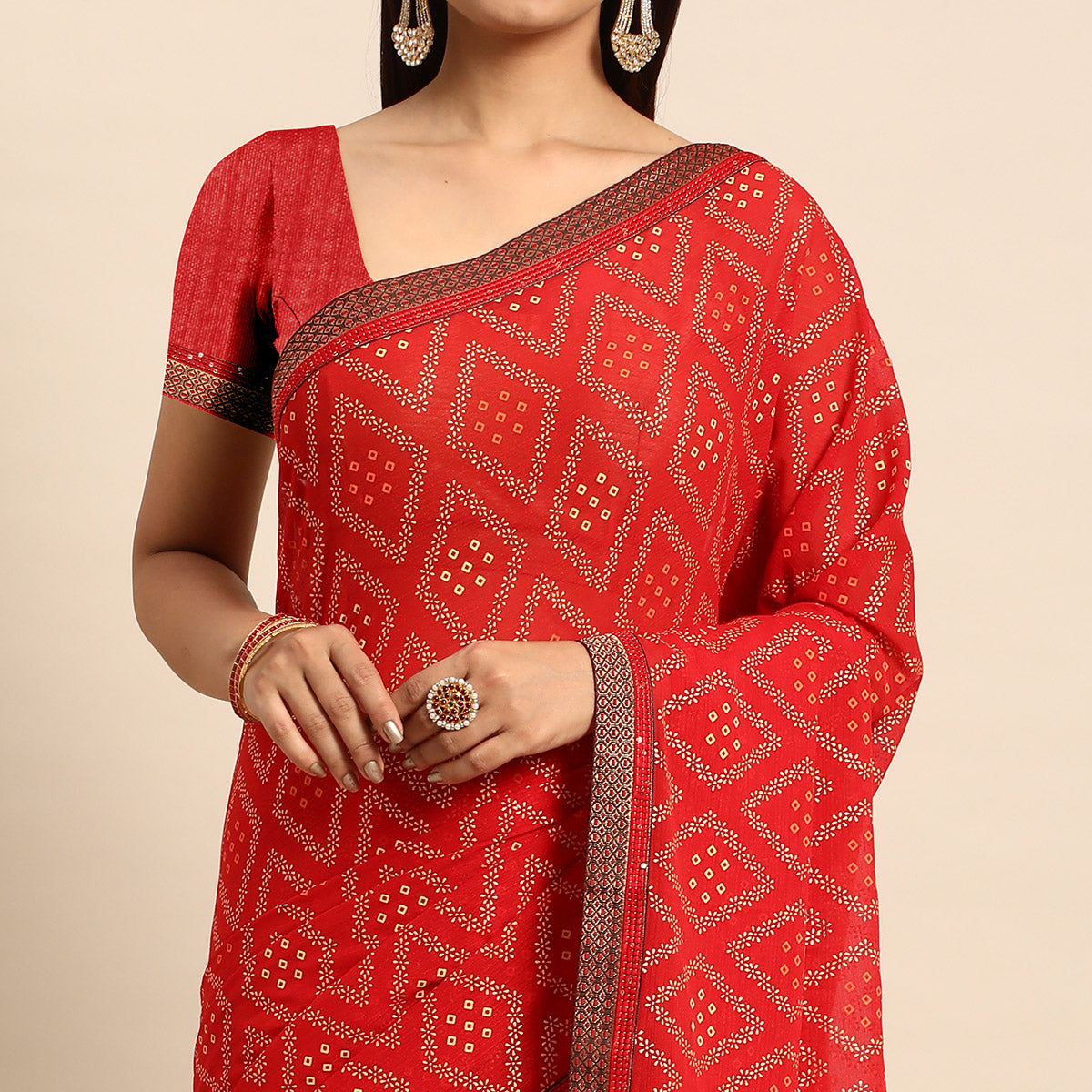 Red Floral Foil Printed Chiffon Saree With Tassels