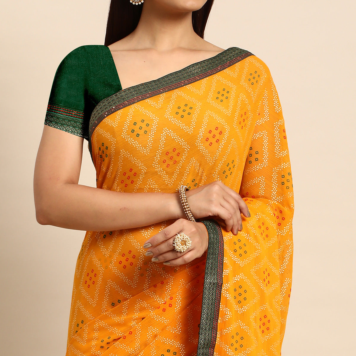 Yellow Floral Foil Printed Chiffon Saree With Tassels