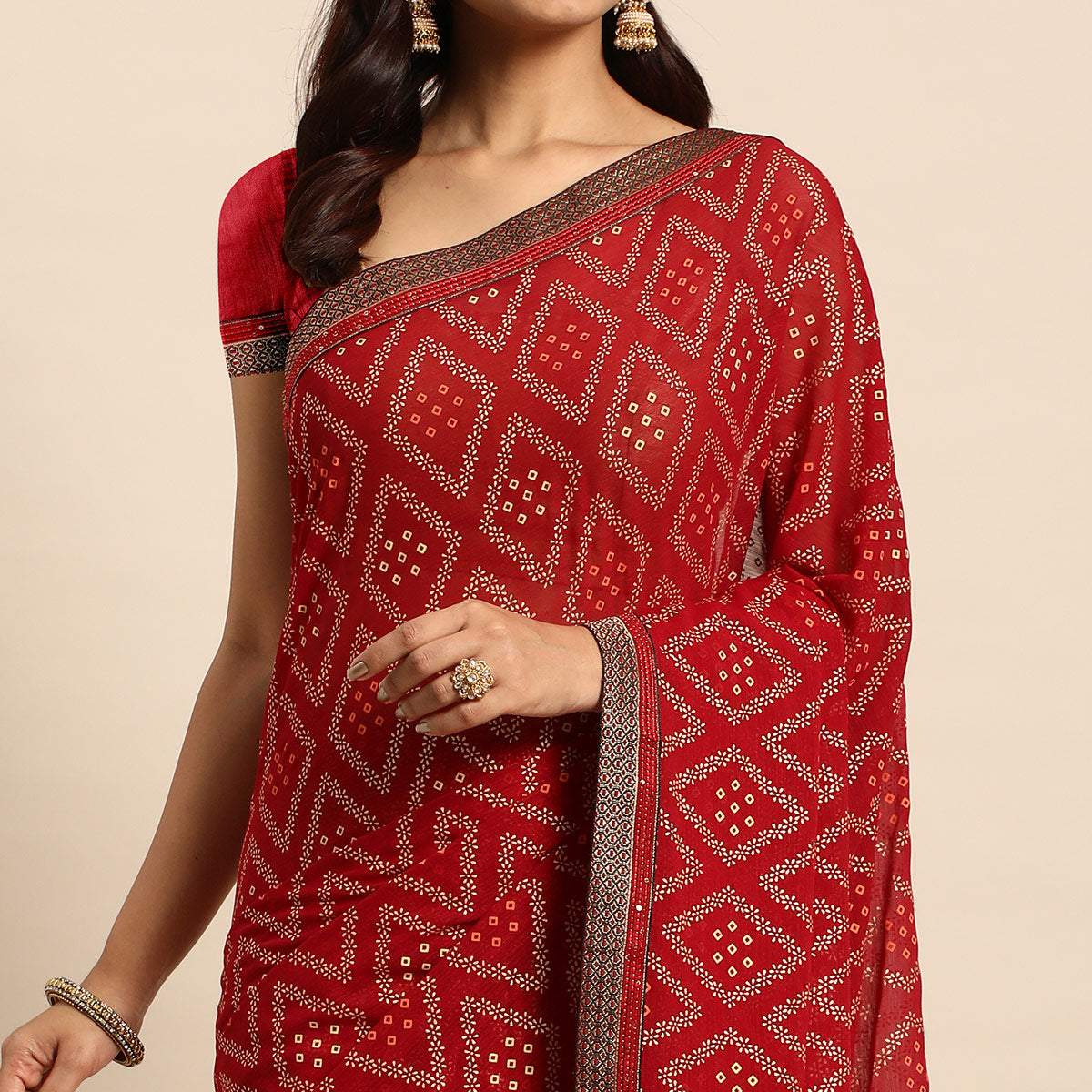 Maroon Floral Foil Printed Chiffon Saree With Tassels