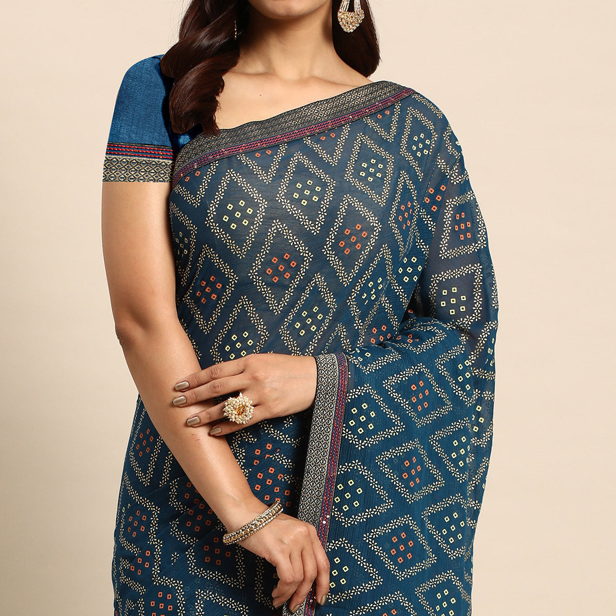 Teal Blue Floral Foil Printed Chiffon Saree With Tassels