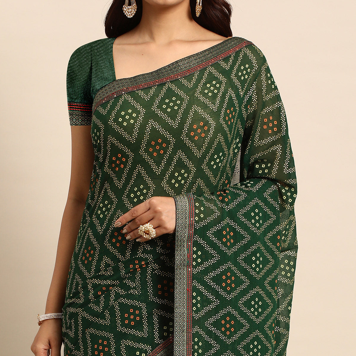 Green Floral Foil Printed Chiffon Saree With Tassels