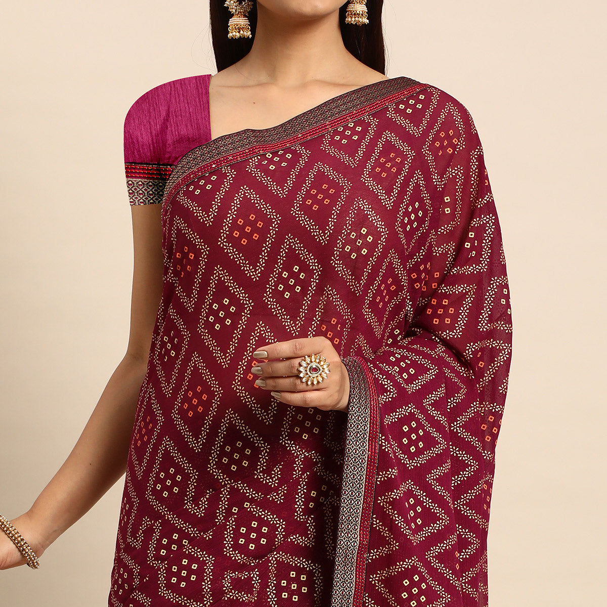 Wine Floral Foil Printed Chiffon Saree With Tassels