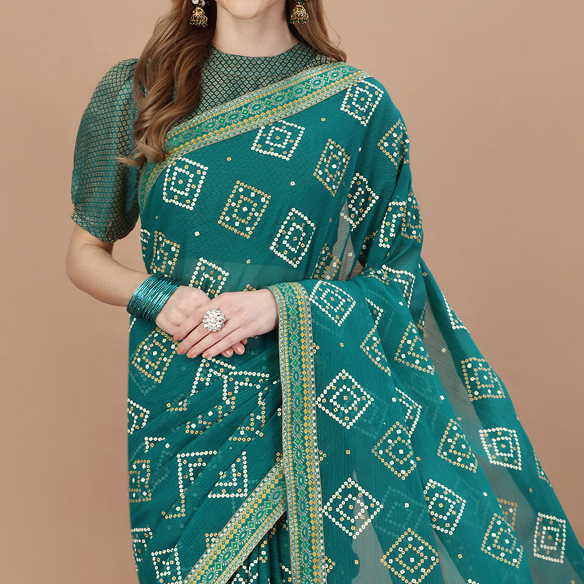 Teal Blue Bandhani Printed Chiffon Saree