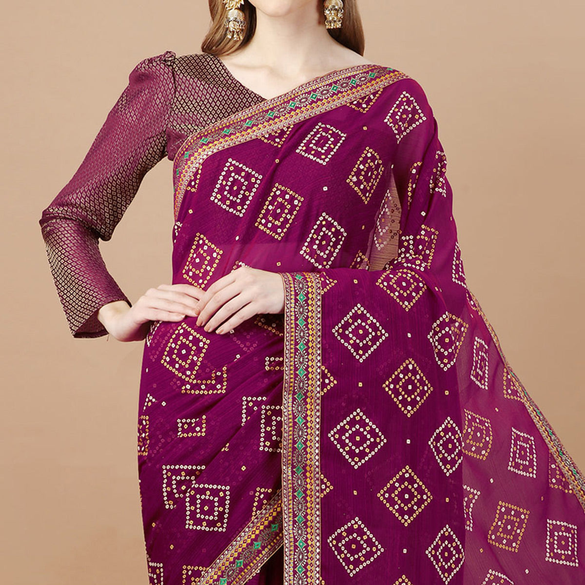 Purple Bandhani Printed Chiffon Saree