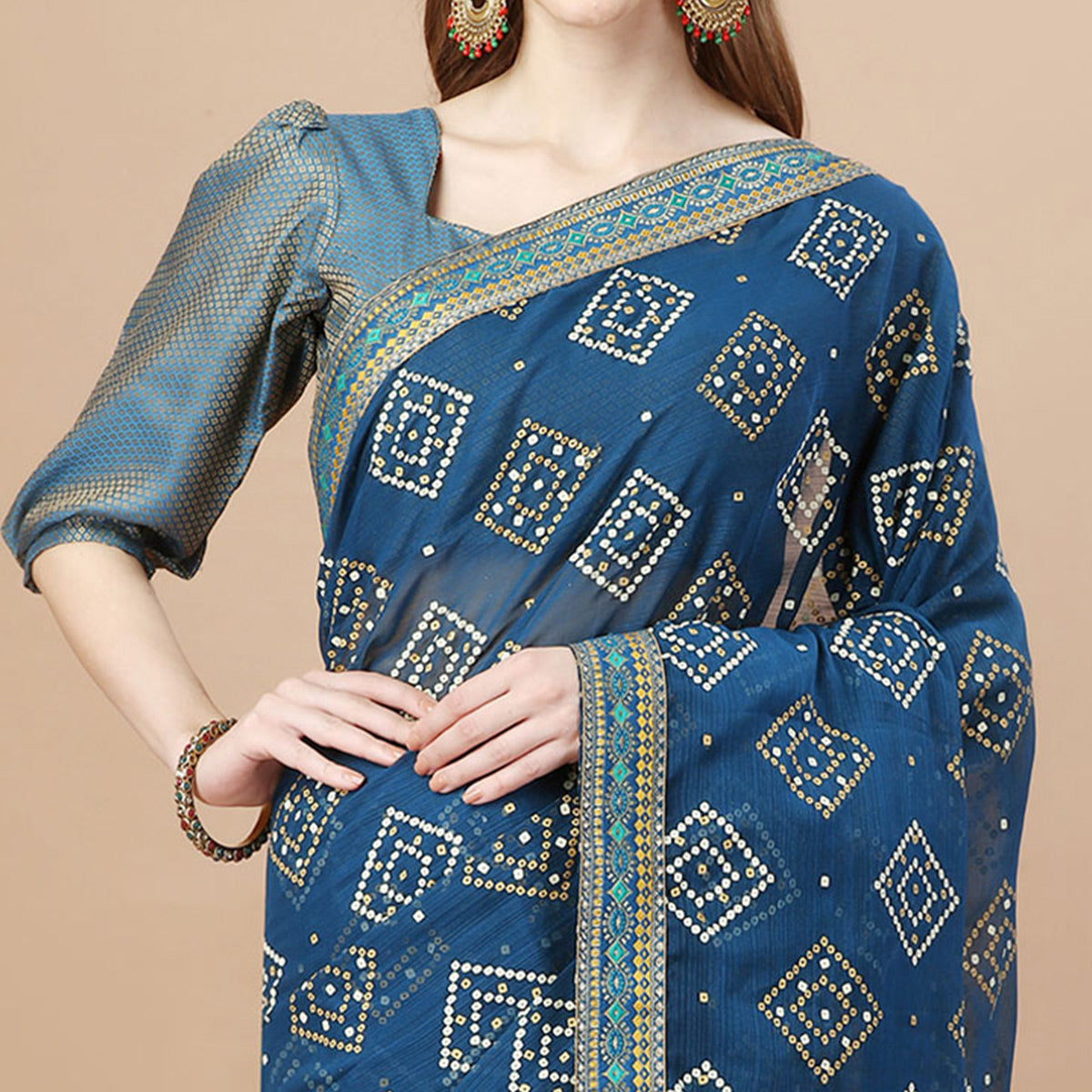 Blue Bandhani Printed Chiffon Saree