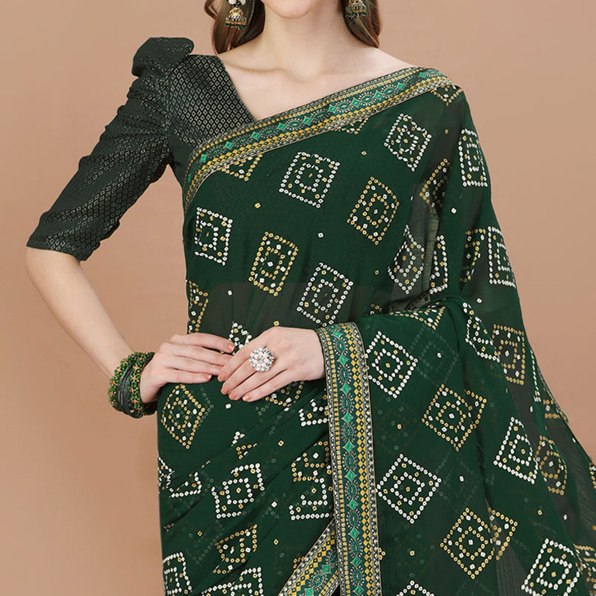 Green Bandhani Printed Chiffon Saree