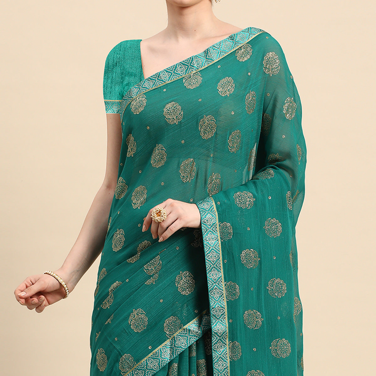 Rama Green Foil Printed With Embellished Chiffon Saree