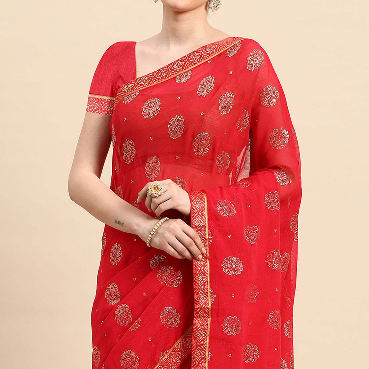 Pink Foil Printed With Embellished Chiffon Saree