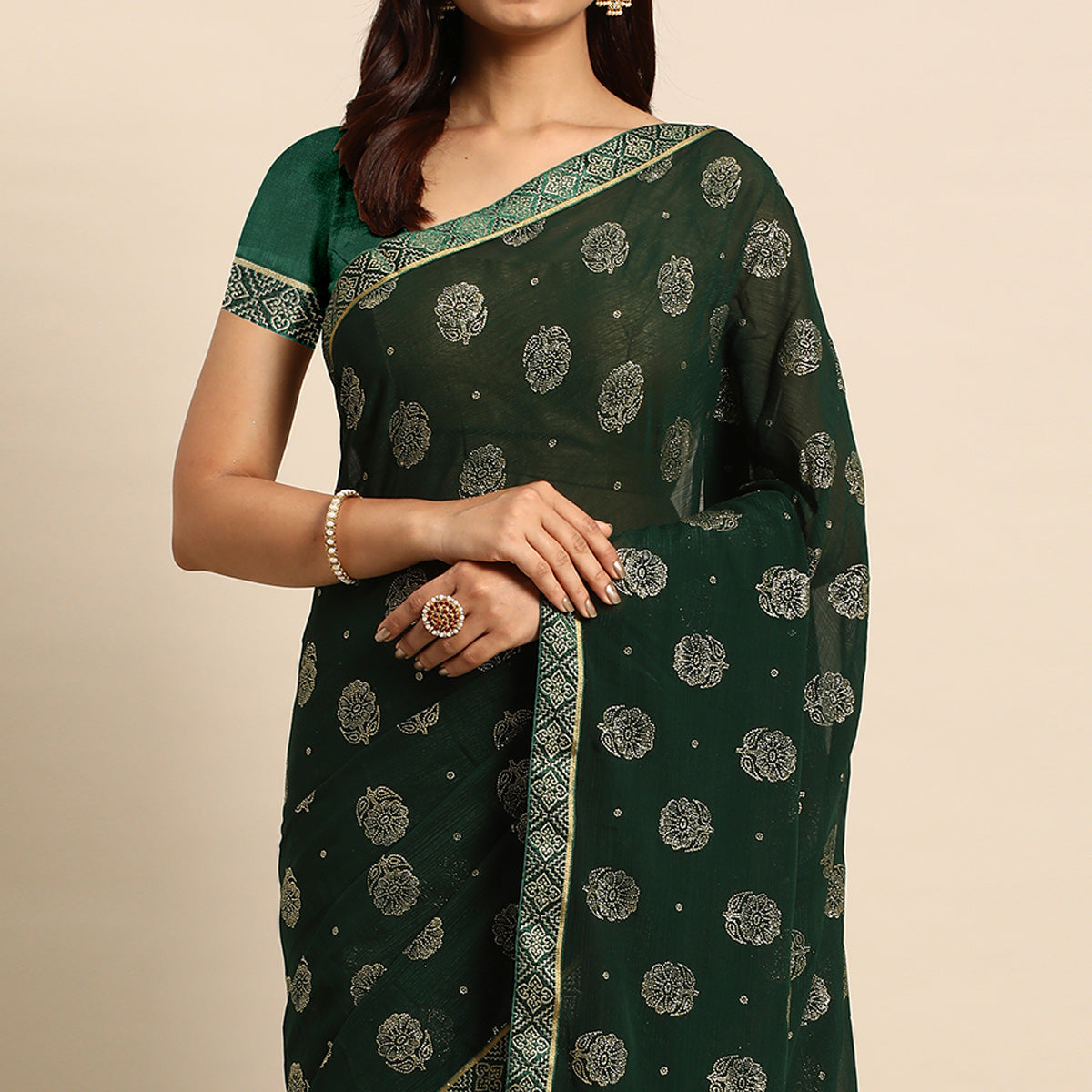 Green Foil Printed With Embellished Chiffon Saree